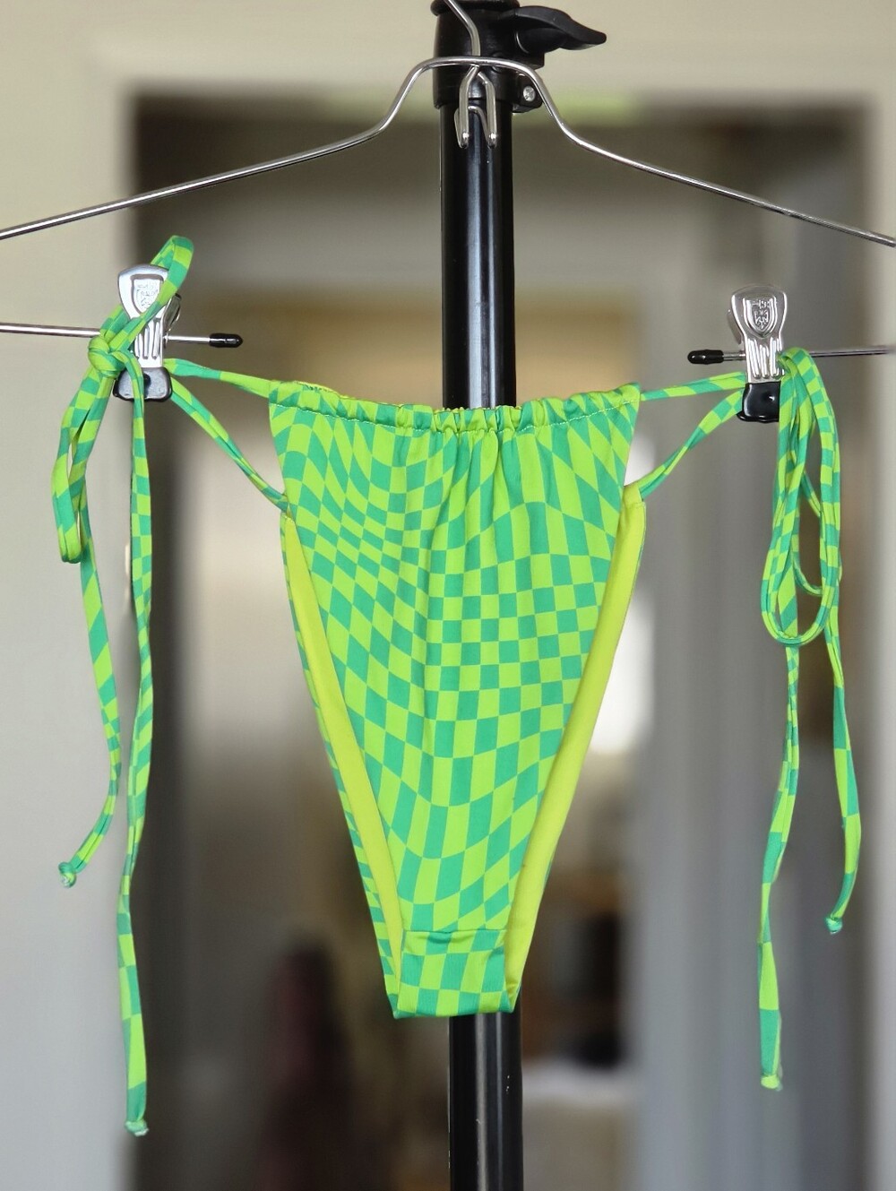 Frankie's Bikinis Tia Skimpy String Bikini Bottom - Neon Green Checkered - Picture 2 of 5